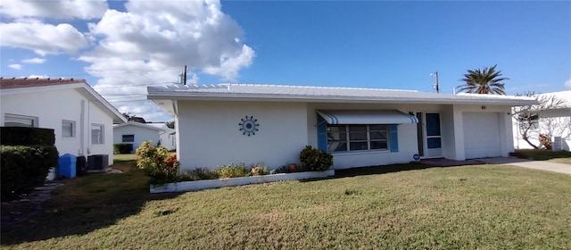 single story home with central air condition unit, an attached garage, a front yard, and stucco siding