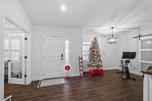 entrance foyer featuring a barn door, a wealth of natural light, and dark wood-type flooring