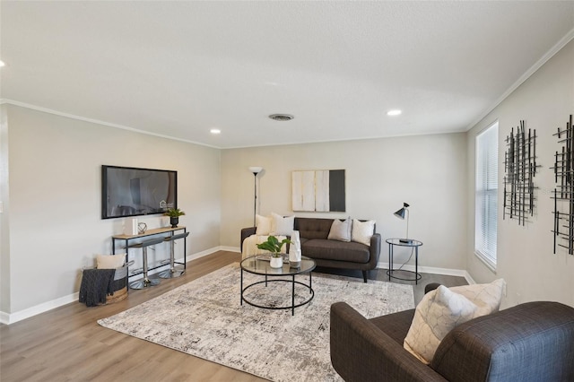 living room featuring wood-type flooring and ornamental molding