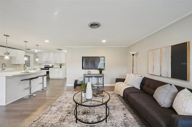 living room with a textured ceiling, light wood-type flooring, and crown molding