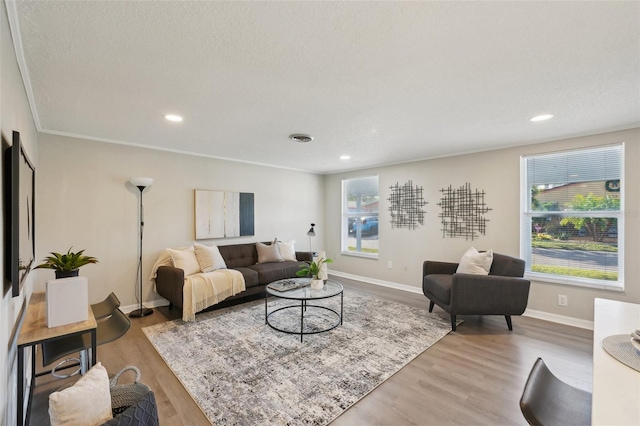 living room with ornamental molding, a textured ceiling, and light wood-type flooring