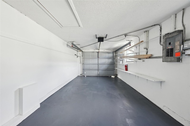 garage with electric panel and a garage door opener