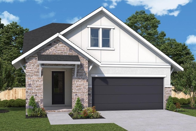 view of front of property with fence, concrete driveway, stucco siding, a garage, and stone siding