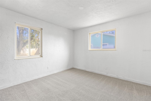 carpeted spare room featuring a textured wall, baseboards, and a textured ceiling