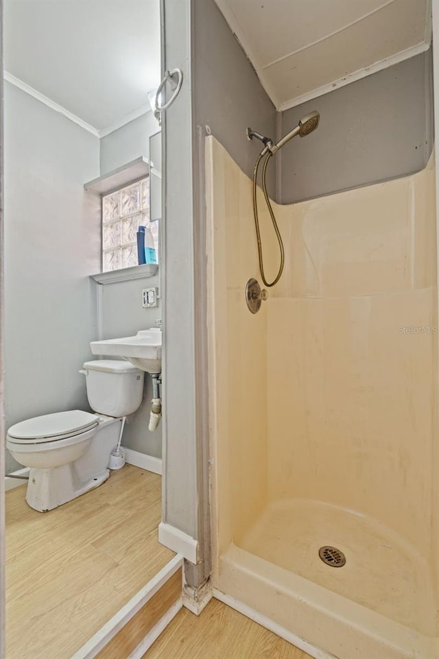 bathroom featuring a shower, hardwood / wood-style floors, and toilet