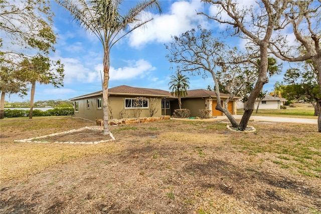 ranch-style house with a front yard and stucco siding