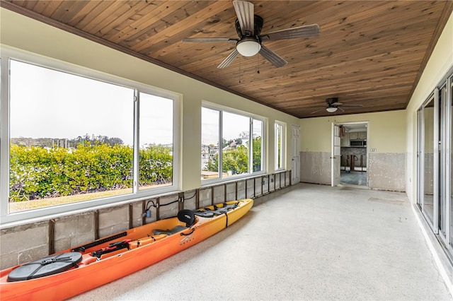 sunroom with ceiling fan and wooden ceiling