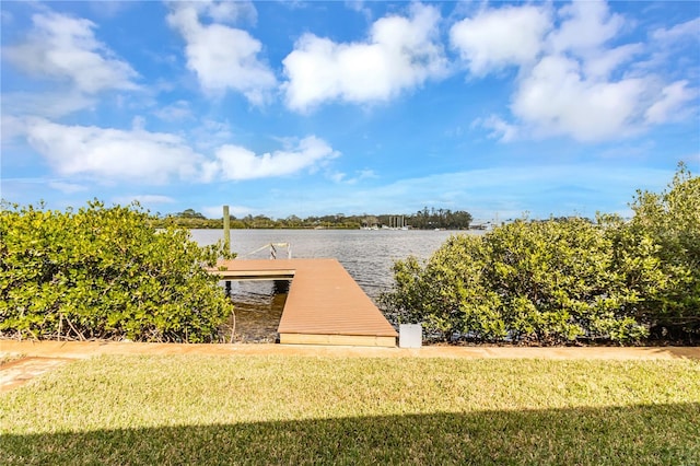 dock area featuring a yard and a water view