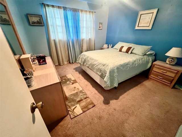 bedroom with light carpet