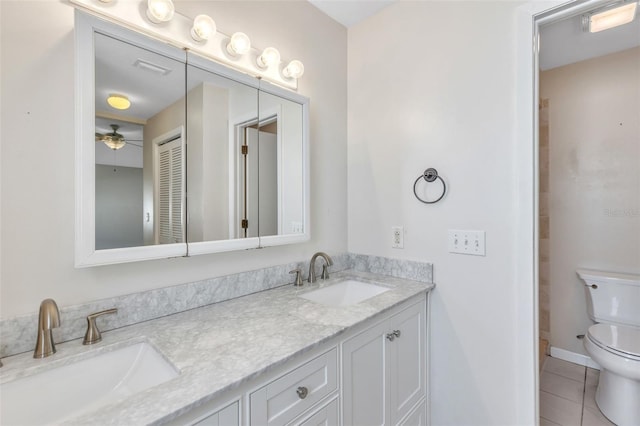 bathroom featuring tile patterned floors, ceiling fan, toilet, and vanity