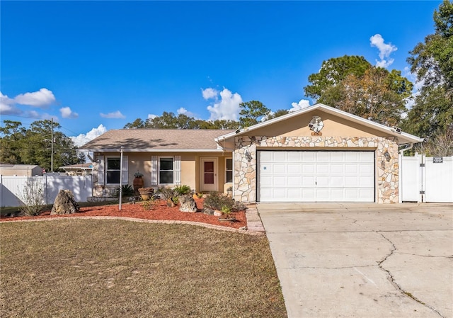 ranch-style house with a front lawn and a garage