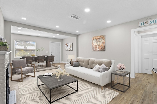 living room featuring light wood-type flooring and a fireplace