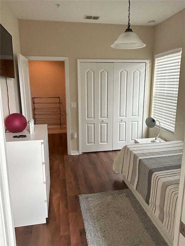 bedroom featuring dark wood-type flooring and a closet