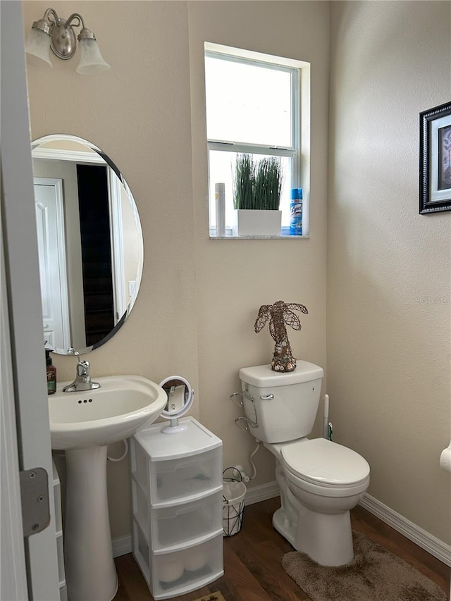 bathroom with toilet and hardwood / wood-style flooring