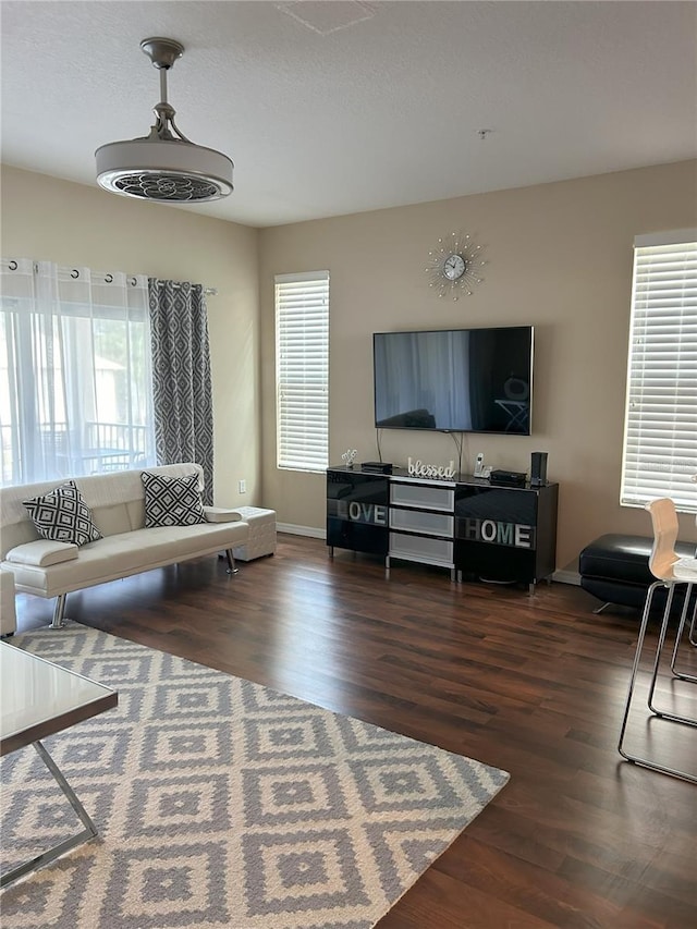 living room featuring dark wood-type flooring