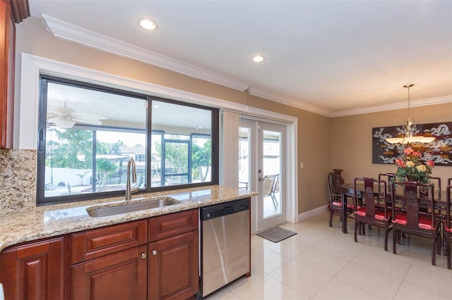 kitchen featuring dishwasher, sink, light stone counters, crown molding, and decorative backsplash