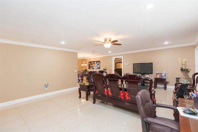 tiled living room featuring ceiling fan with notable chandelier and ornamental molding