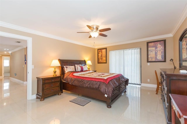 bedroom featuring light tile patterned floors, ceiling fan, and crown molding