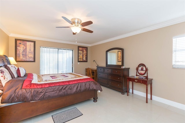 bedroom with ceiling fan and crown molding