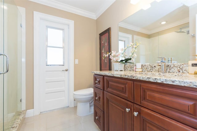 bathroom featuring tile patterned floors, crown molding, an enclosed shower, toilet, and vanity