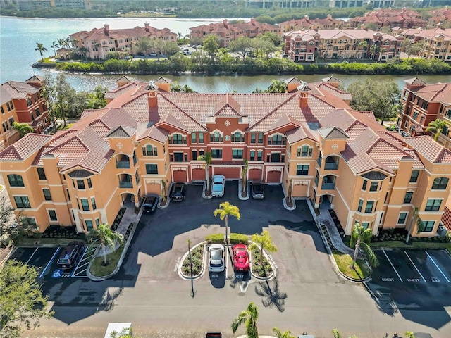 drone / aerial view featuring a water view