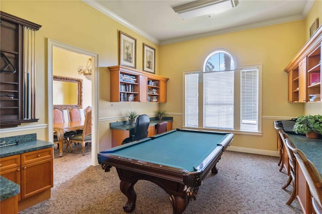 game room featuring light colored carpet, crown molding, and pool table