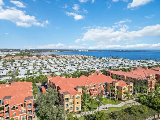 drone / aerial view with a water view