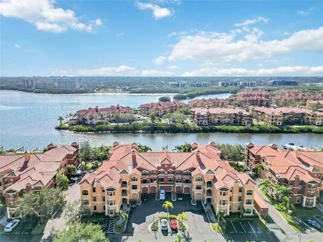 bird's eye view with a water view