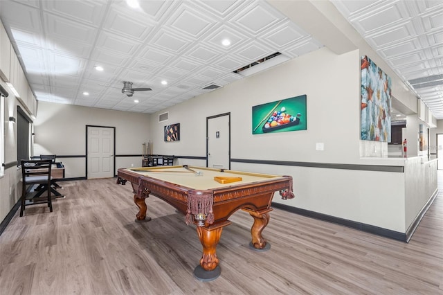 recreation room with ceiling fan, pool table, and light hardwood / wood-style flooring