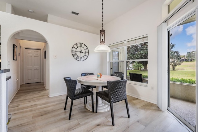 dining area featuring light wood-type flooring and a healthy amount of sunlight