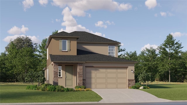 view of front of house with a front lawn and a garage