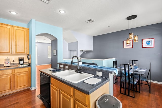 kitchen with sink, black dishwasher, a kitchen island with sink, dark hardwood / wood-style floors, and pendant lighting