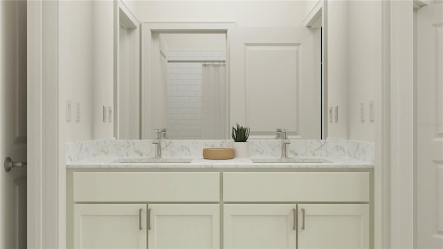 bathroom featuring a shower with shower curtain and vanity