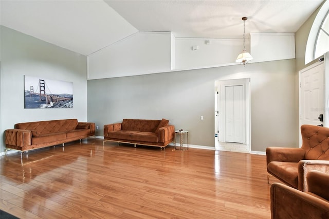 living room with hardwood / wood-style flooring and high vaulted ceiling