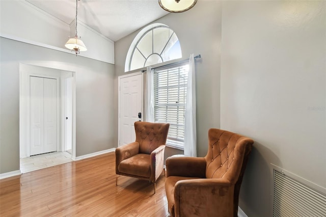 sitting room with light hardwood / wood-style flooring and lofted ceiling