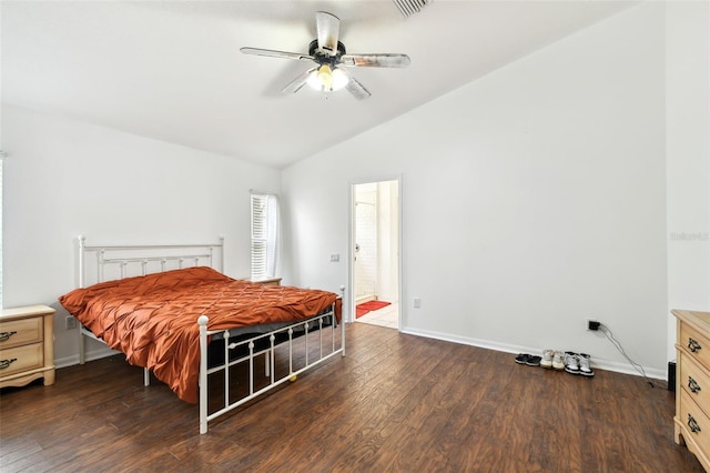 bedroom with dark wood-type flooring, ceiling fan, and lofted ceiling