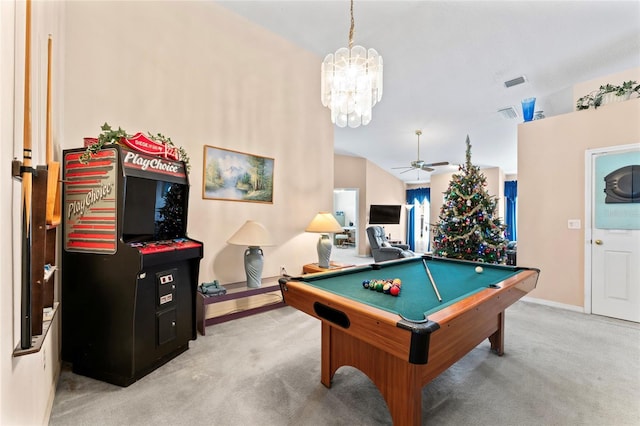 rec room with light carpet, ceiling fan with notable chandelier, lofted ceiling, and pool table