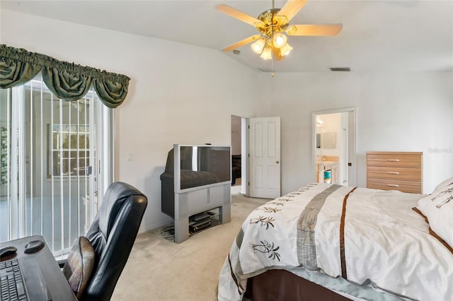 carpeted bedroom featuring ceiling fan, access to exterior, lofted ceiling, and ensuite bathroom