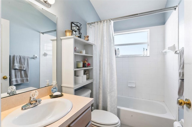 full bathroom with shower / tub combo with curtain, vanity, and toilet