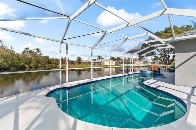 view of pool featuring a lanai, a water view, and a patio