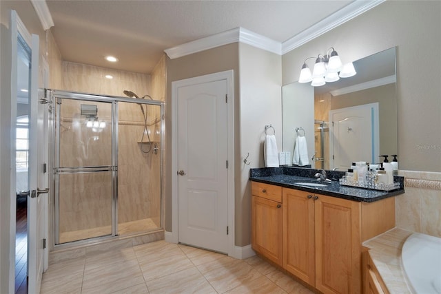 bathroom featuring ornamental molding, vanity, separate shower and tub, and tile patterned floors