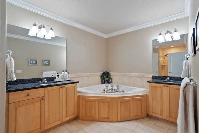 bathroom featuring crown molding, tile patterned floors, vanity, and shower with separate bathtub