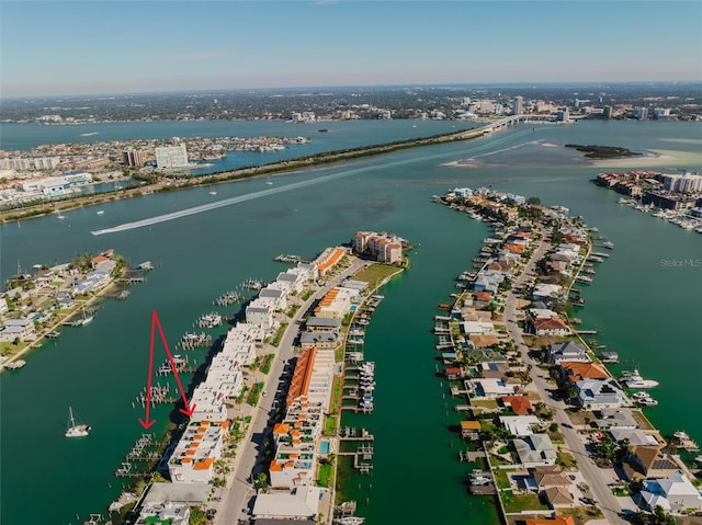 drone / aerial view with a water view