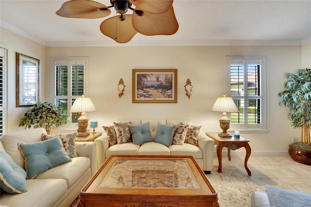 tiled living room featuring ornamental molding