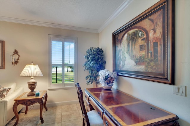 tiled home office with a textured ceiling, a wealth of natural light, and crown molding