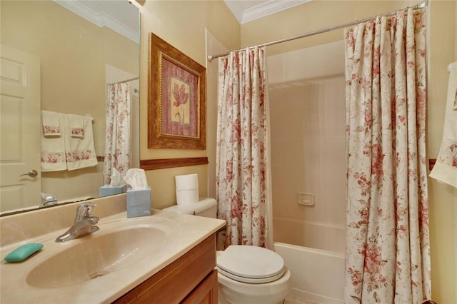 full bathroom with toilet, vanity, shower / tub combo with curtain, and crown molding