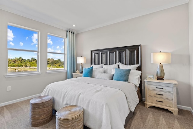 bedroom featuring carpet and ornamental molding