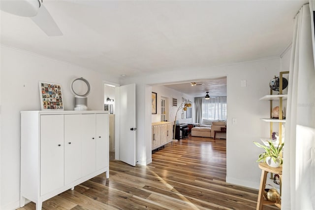 hallway featuring hardwood / wood-style flooring and ornamental molding