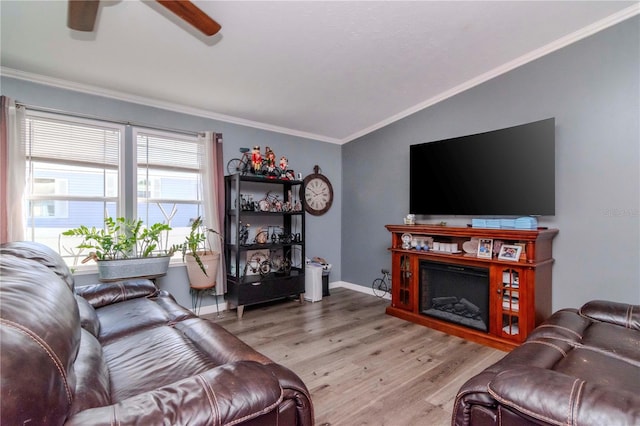 living room with ceiling fan, vaulted ceiling, ornamental molding, and light hardwood / wood-style flooring