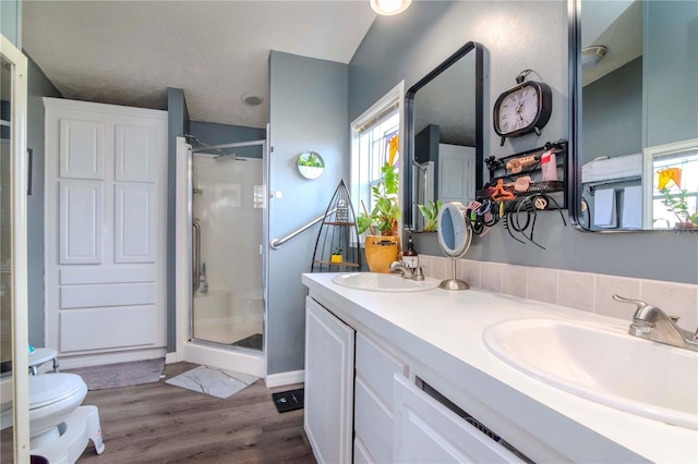 bathroom featuring hardwood / wood-style floors, vanity, a shower with shower door, and toilet